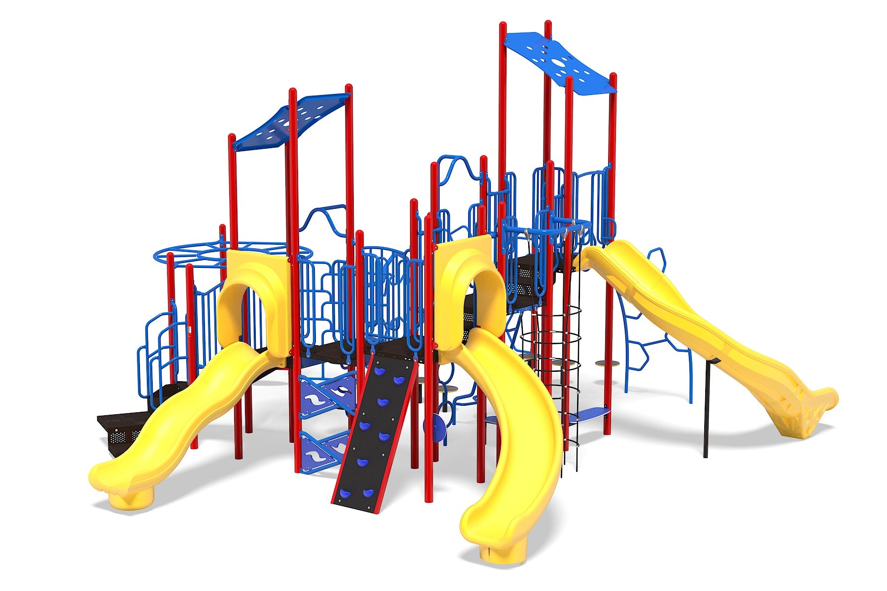 Mystic Mountain Playground with yellow slides, blue climbing structures, and red support poles in a large play system