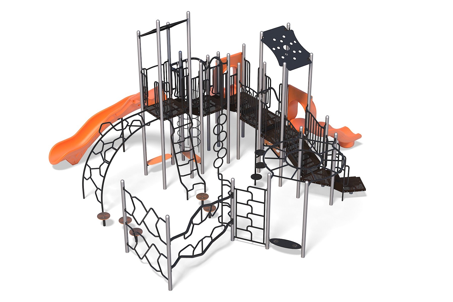Large playground structure with three orange slides, multiple climbing elements, platforms, and black metal railings.