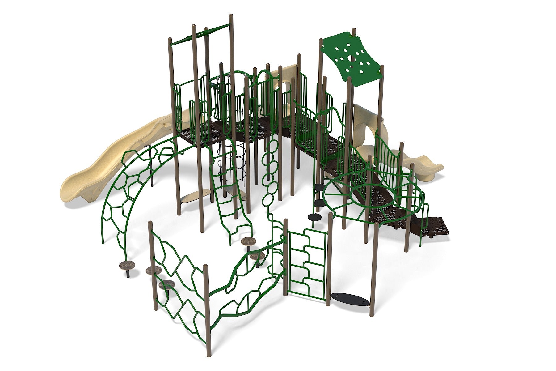 Outdoor playground structure featuring three beige slides, green climbing frames, platforms, and various climbing and crawling elements