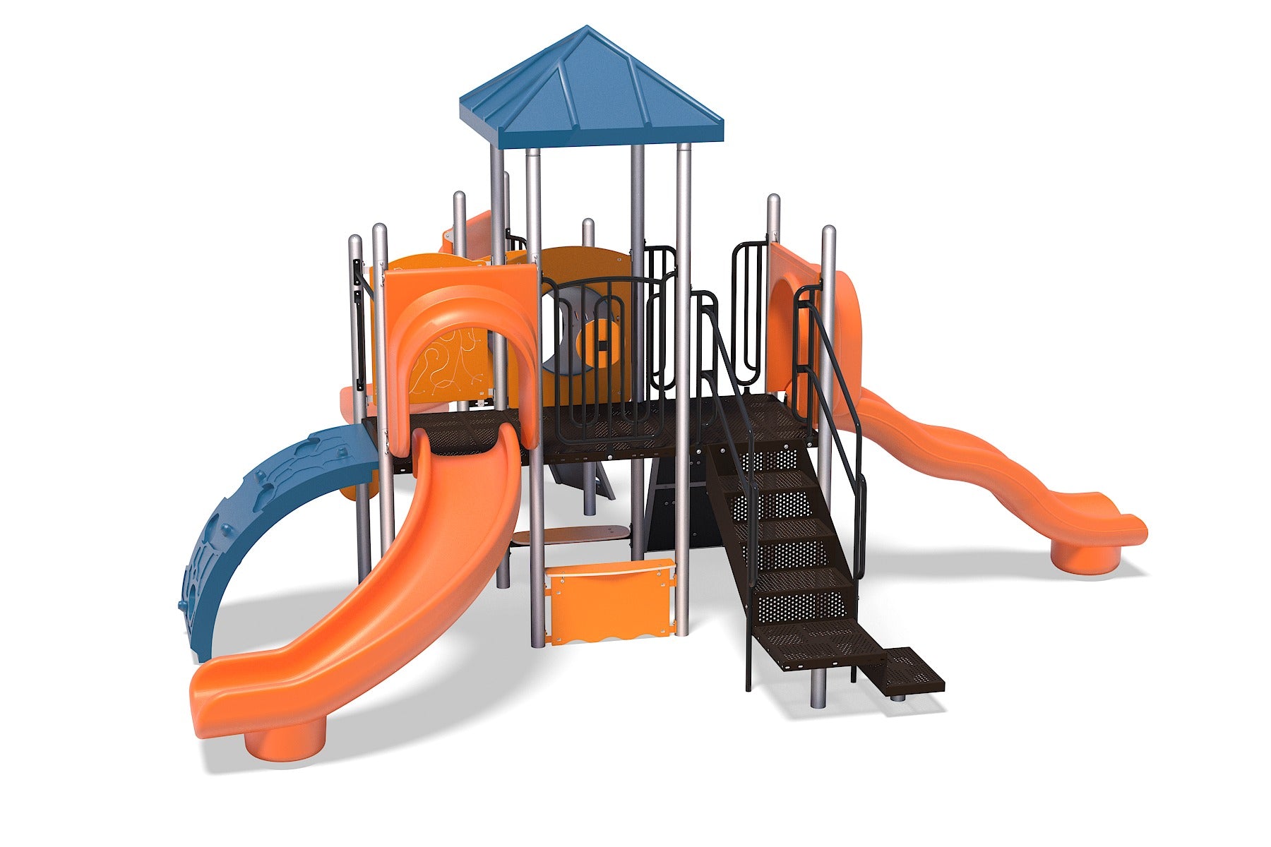 Commercial playground structure with blue roof, twin orange curved slides, arched climber, crawl tunnel, stairs, and activity panels