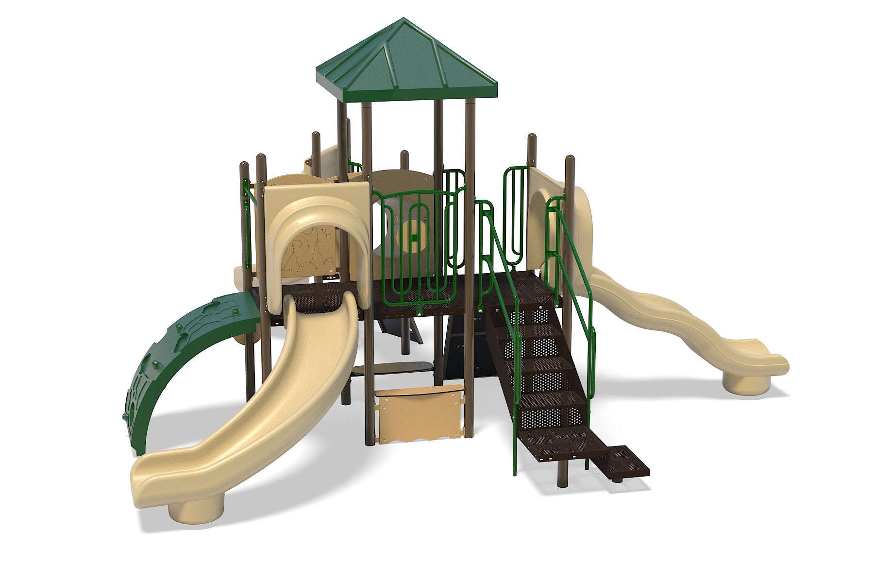 Green and tan commercial playground with canopy roof, wave and twister slides, climbers, crawl tunnel, and play panels