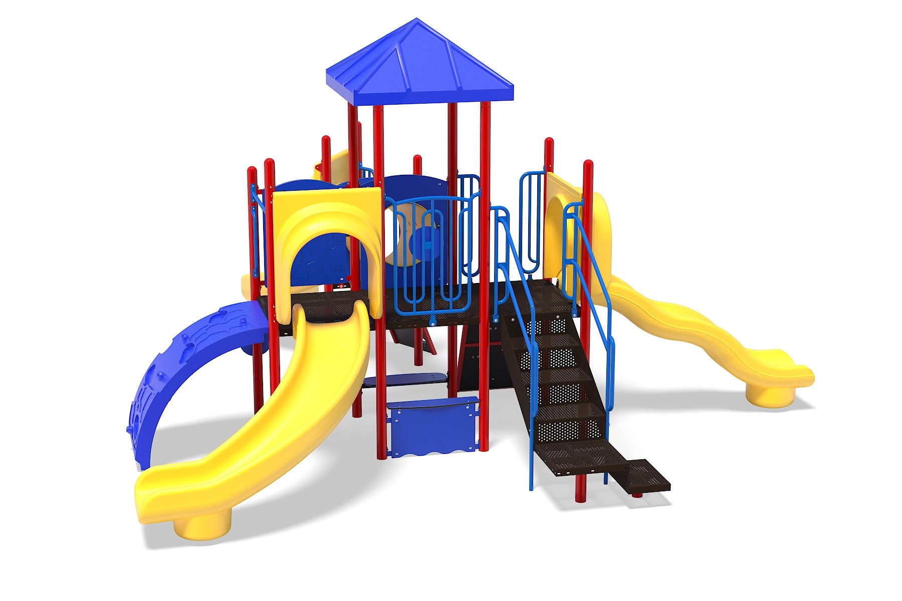 Colorful commercial playground with yellow wave and spiral slides, blue arched climber, canopy roof, and steering wheel panel