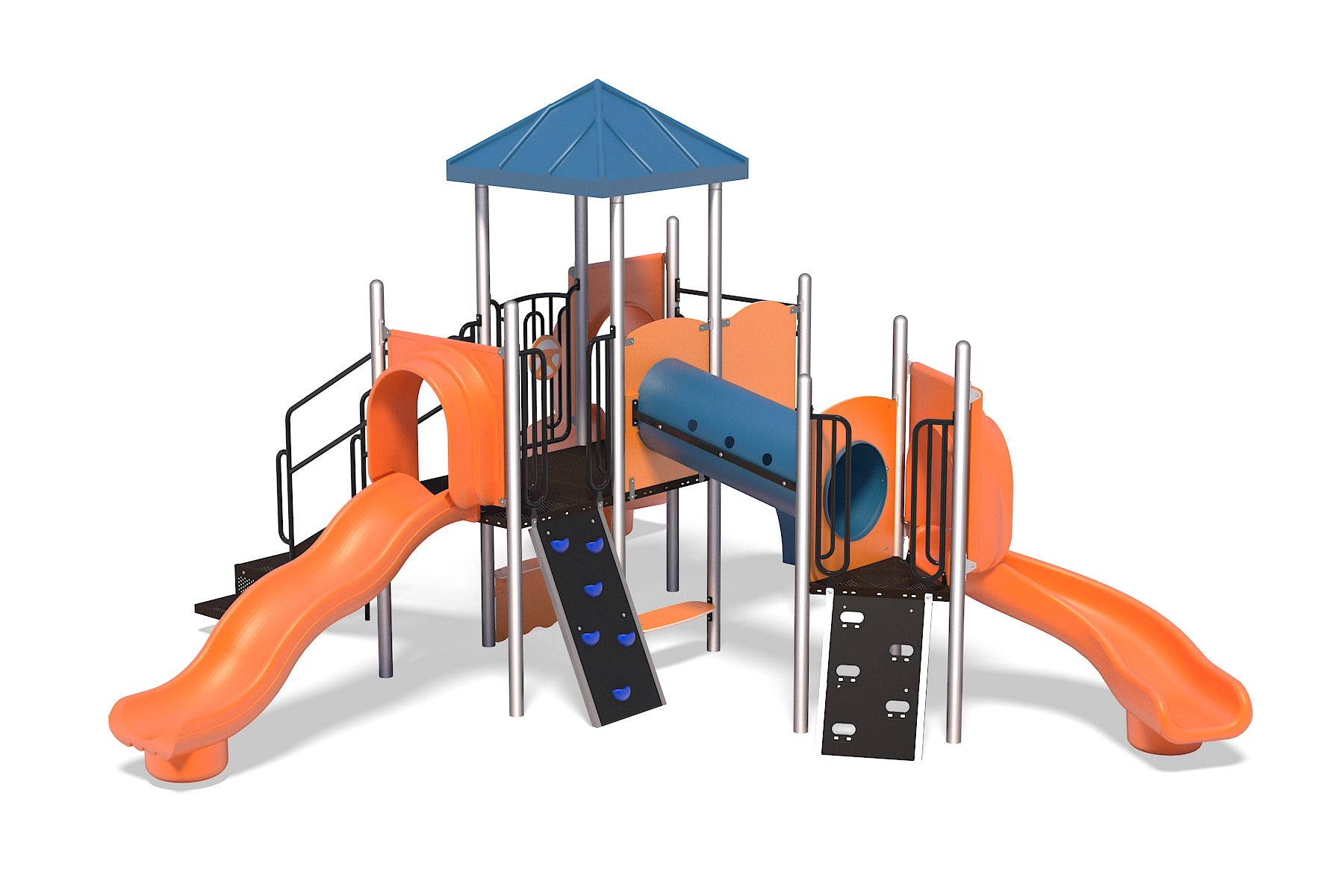 Outdoor commercial playground with dual orange wave slides, blue crawl tunnel, climbing walls, and blue canopy roof