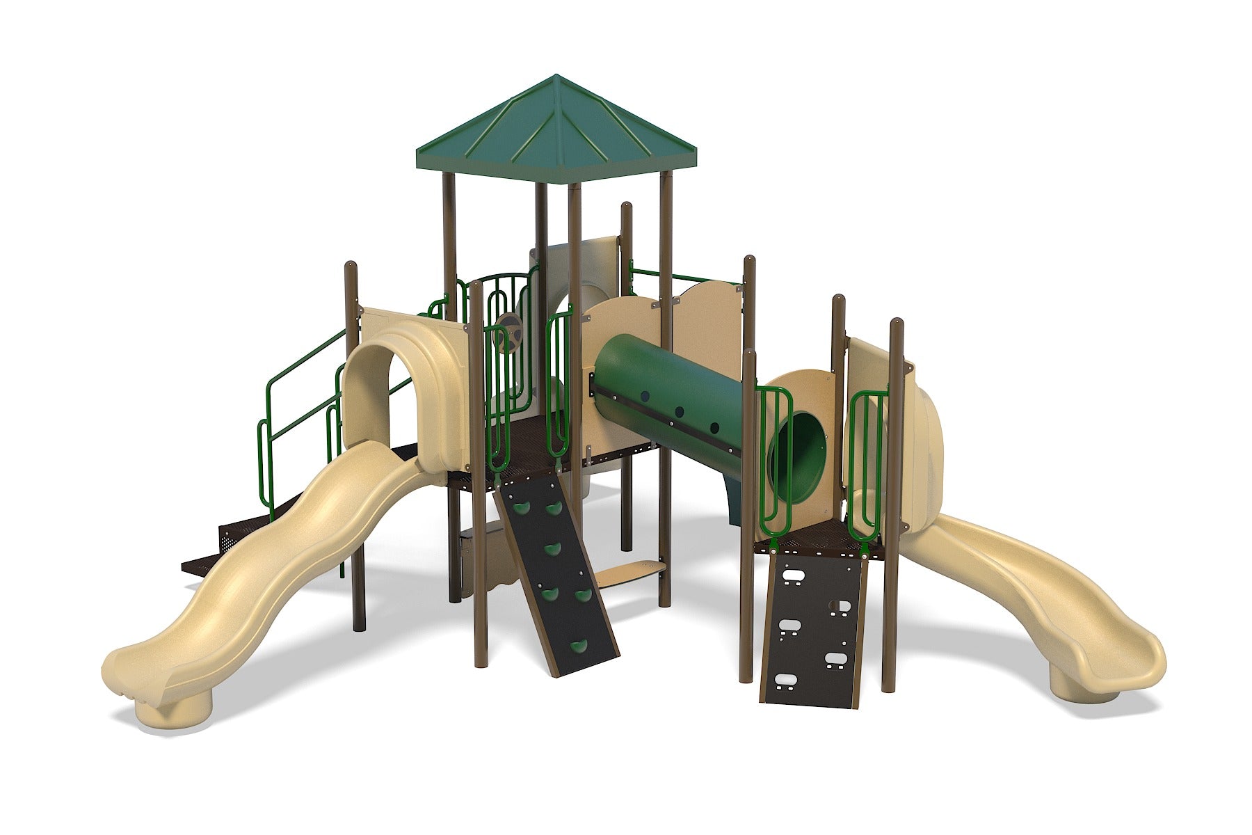 Adventure Cove Playground with beige wave and twister slides, green crawl tunnel, climbing panels, and green roof play structure