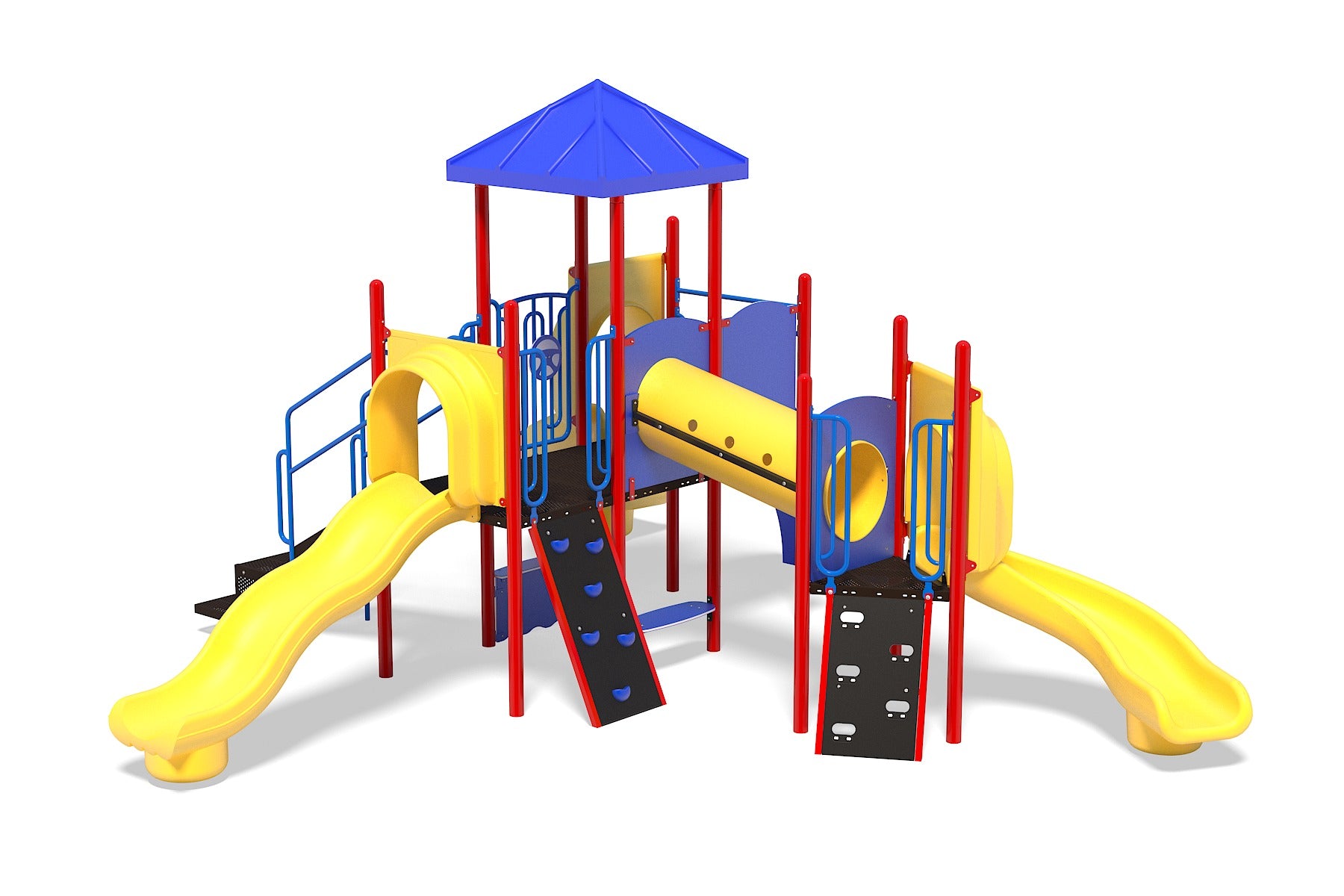Commercial playground with twin yellow wave slides, crawl tunnel, climbers, blue canopy roof, and red support posts