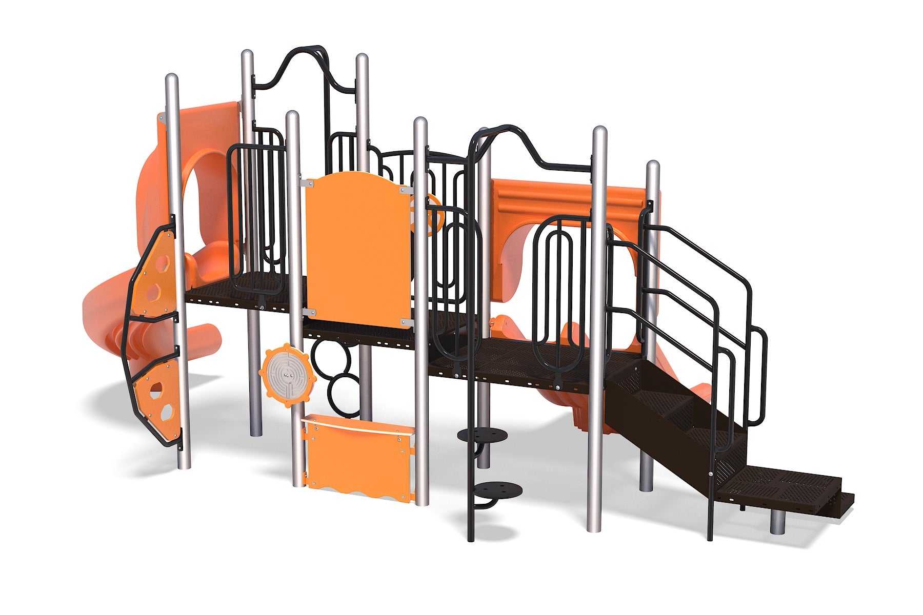 Orange and black playground structure with slides, climbers, stairs, and interactive panels for children’s active and imaginative play