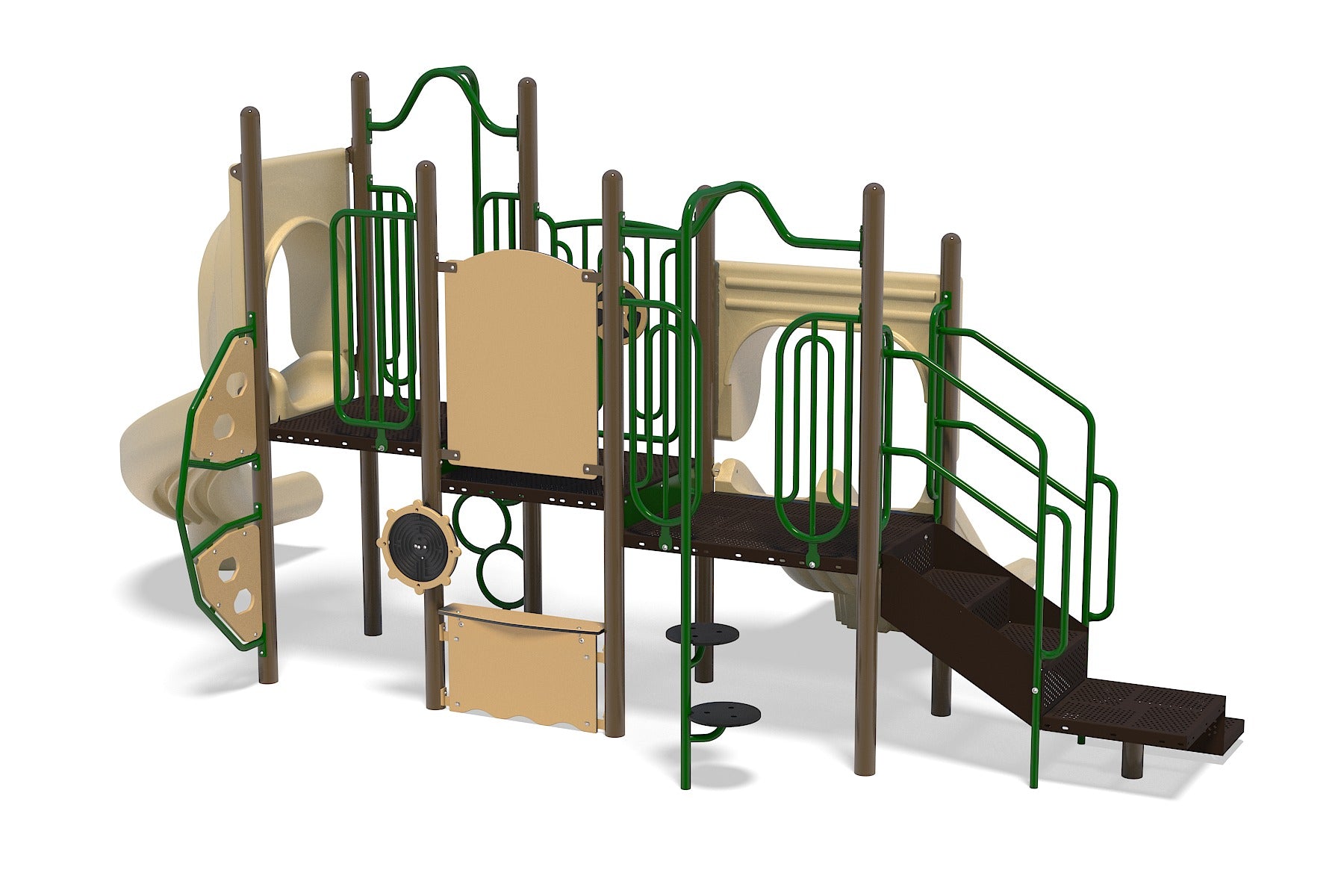 Playground structure with beige slides, green climbing bars, interactive panels, and brown platforms for active and imaginative play.