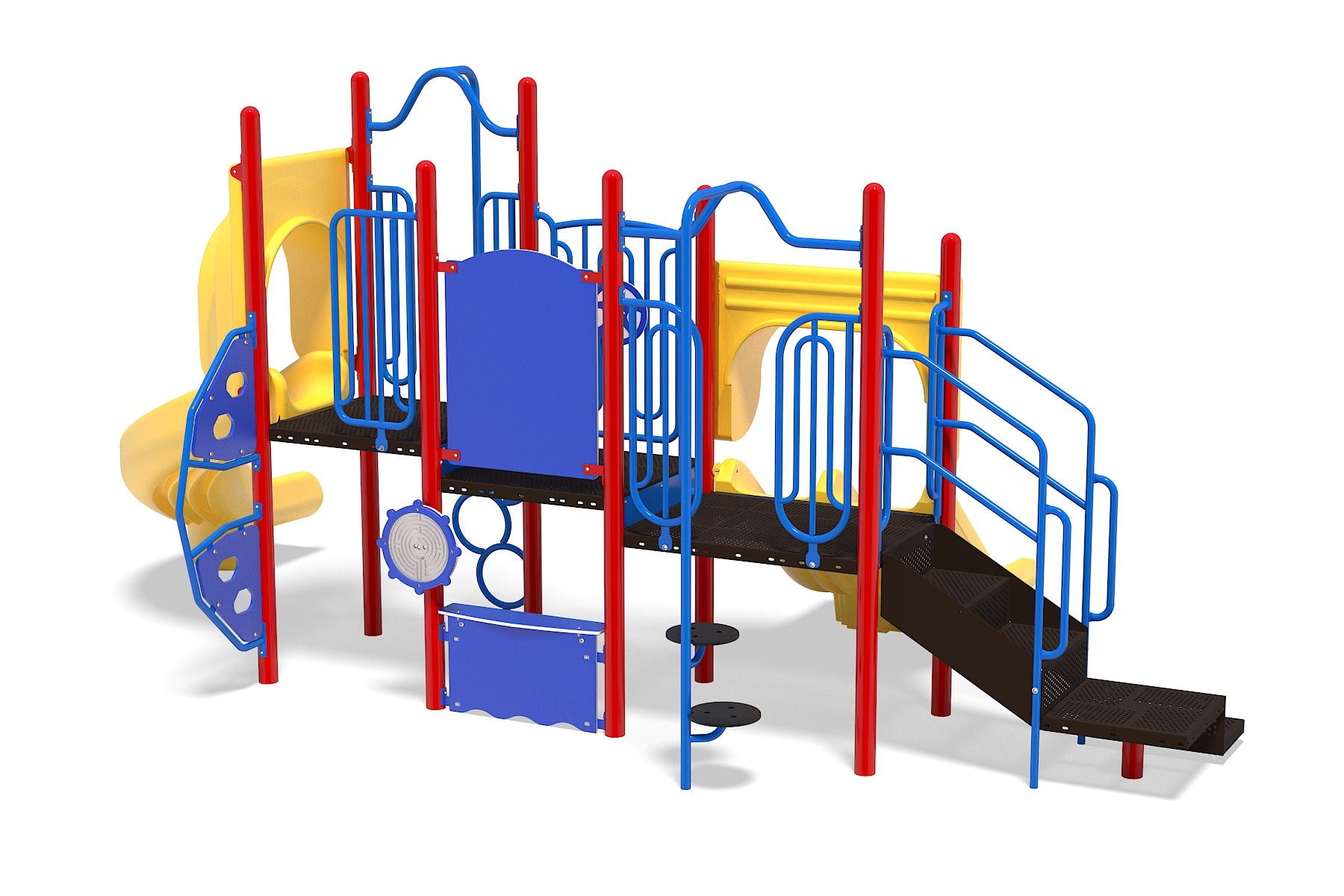 Colorful playground structure with slides, climbing panels, stairs, steering wheels, and interactive play elements in red, blue, yellow, and black.