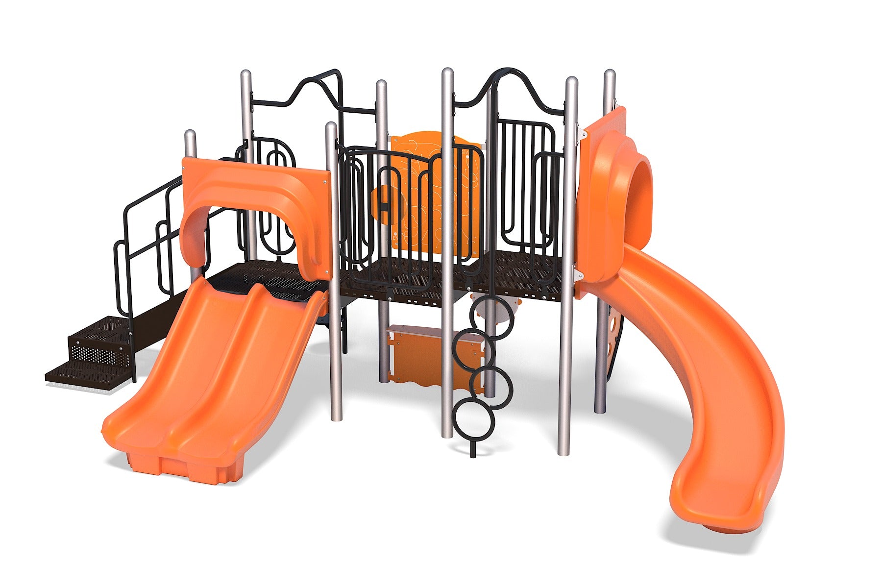 Orange playground structure with dual straight slides, curved slide, climbing rings, and black metal railings