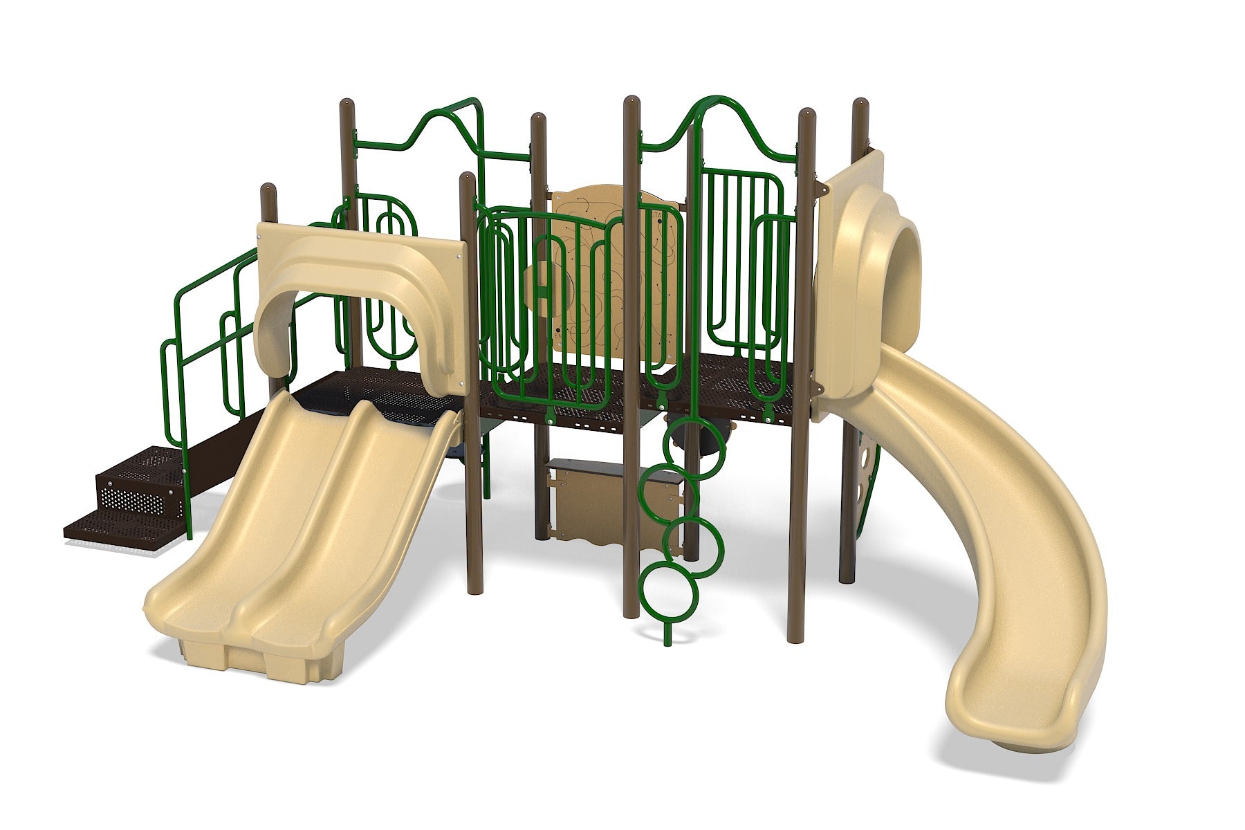 Playground structure with dual beige slides, green climbing rings, brown platforms, and safety railings.