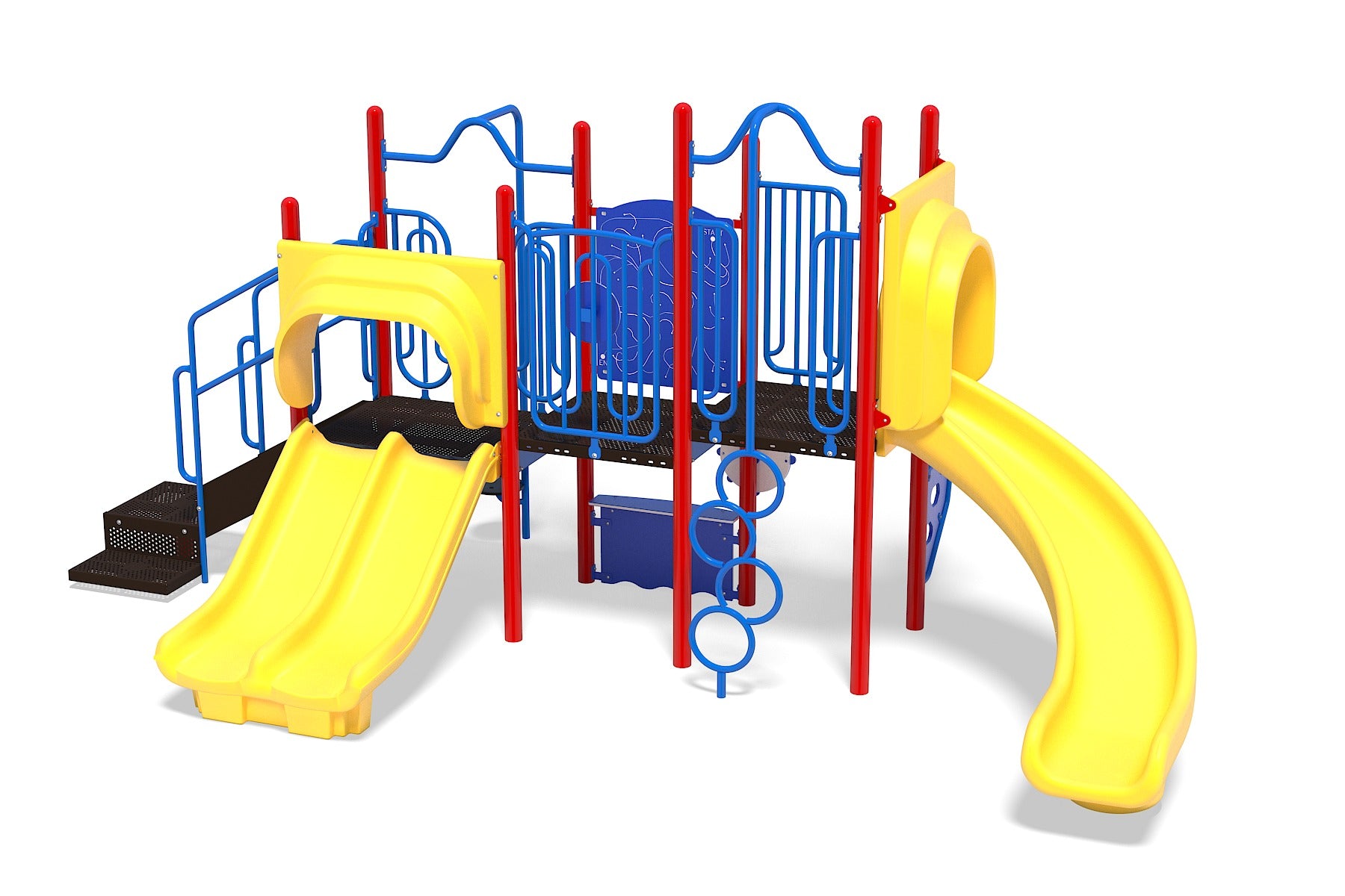 Cosmo Quest Playground with yellow wave slide, curved slides, red posts, blue climbing rings, and interactive activity panels