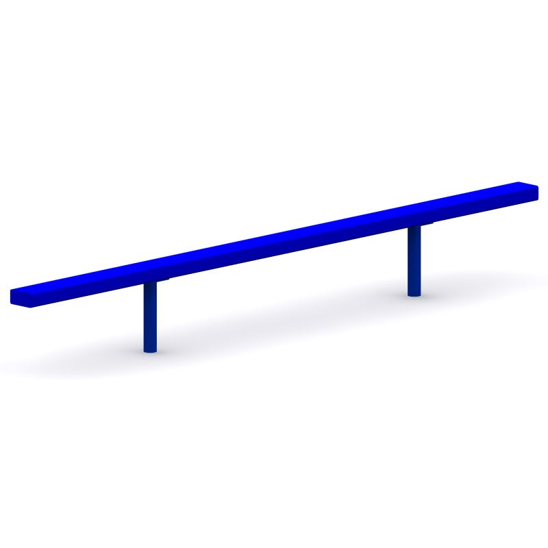 Straight Balance Beam in bright blue galvanized steel with two supporting legs on white background, fitness coordination equipment