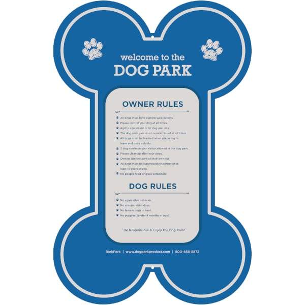 Blue dog-bone shaped dog park welcome sign with paw prints, owner and dog rules, and contact information at bottom