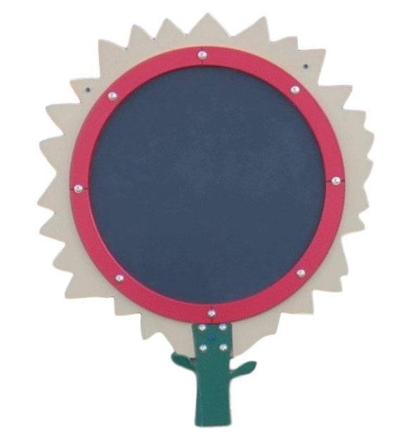 Outdoor flower-shaped chalkboard with beige petals, red circular frame, and green stem for creative outdoor play and learning.