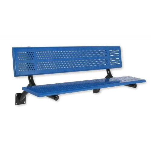Blue perforated steel wall-mounted outdoor bench with backrest, designed for parks and sports fields seating