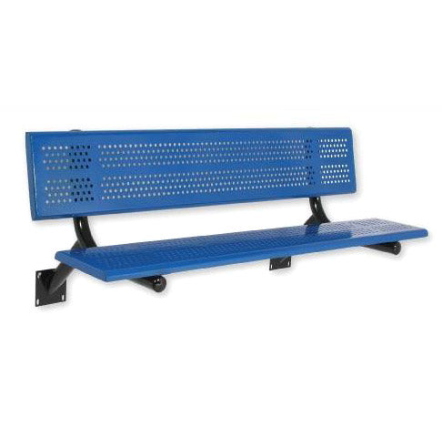 Blue perforated steel wall-mounted bench with backrest, designed for outdoor communal seating in parks and sports fields