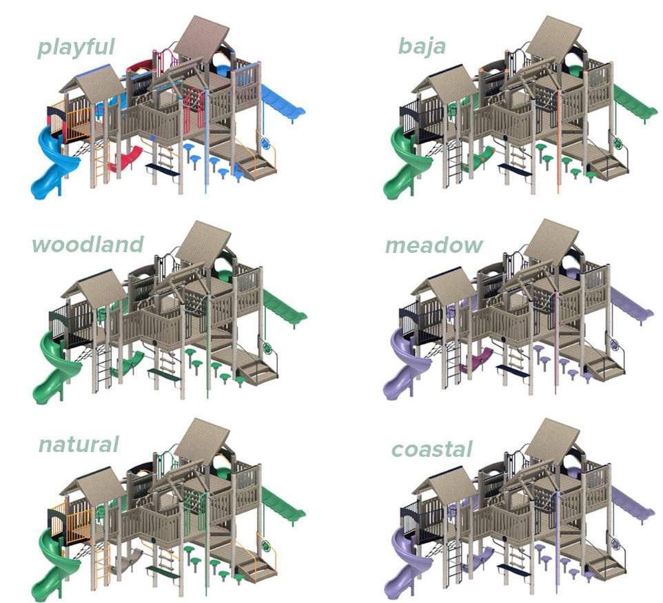 BigToys commercial playground play structure color options—grid of six with spiral slide, playhouse and climbing elements.