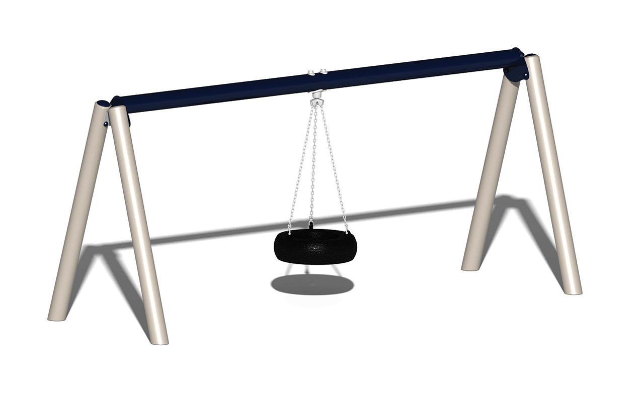 Tire Swing with black tire suspended by chains on sturdy metal frame, commercial playground swing set for active play and coordination