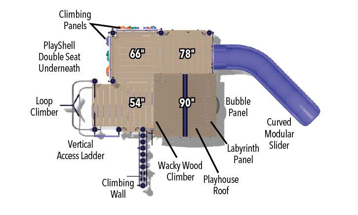 Overhead view of a large playground structure with climbing panels, loop climber, climbing wall, wacky wood climber, playhouse roof, bubble panel, labyrinth panel, and curved modular slide