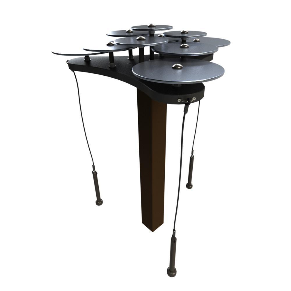 Lilypad Cymbals freestanding outdoor musical instrument with 10 black and silver anodized aluminum discs and three mallets
