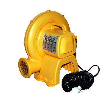 Yellow electric air blower with black power cord designed for inflating sports bounce houses and inflatable play structures