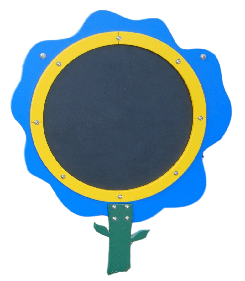 Outdoor flower-shaped chalkboard with blue petals, yellow center ring, and green stem for creative outdoor play and learning.