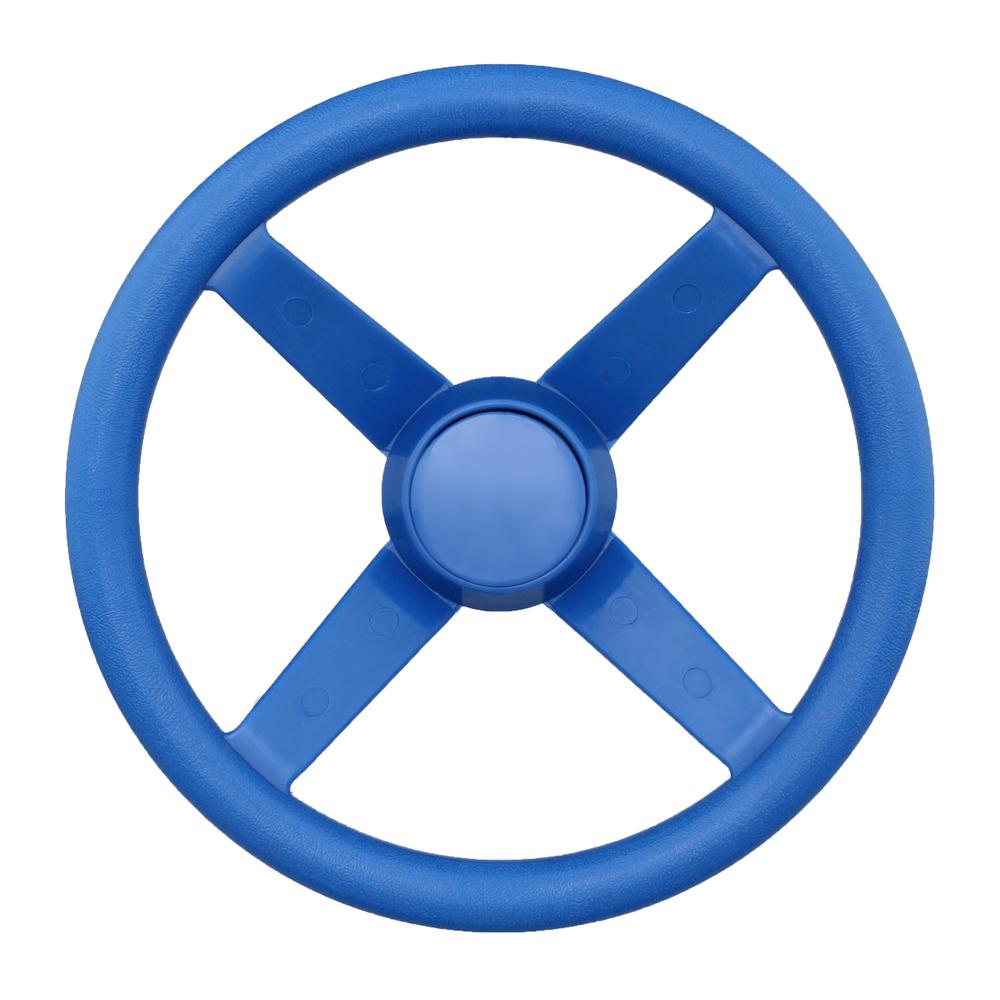 Overhead view of a blue plastic steering wheel with four spokes and central hub, swing set accessory