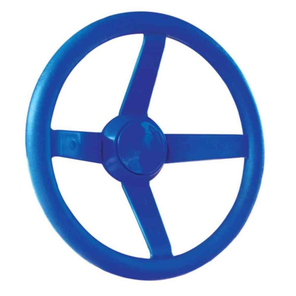 Blue heavy-duty plastic steering wheel with four spokes and central cap cover for swing set accessory