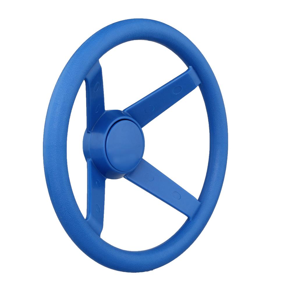 Blue heavy-duty plastic steering wheel with three spokes and center cap for swing set accessory