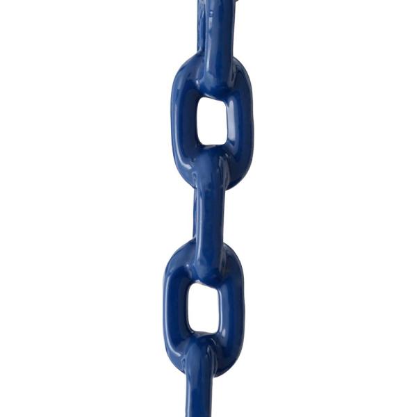Close-up of blue plastisol-coated swing chains with smooth, glossy finish for grip and pinch protection on tire swing accessory