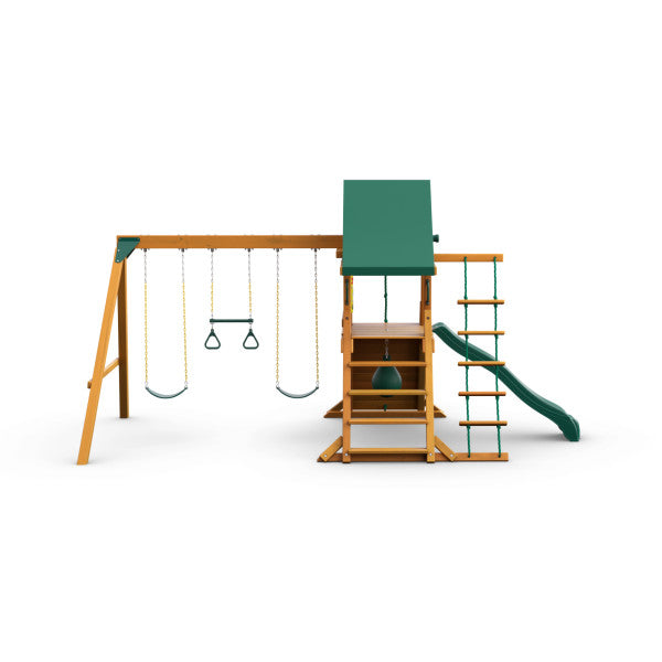 Wooden playset with green vinyl canopy, two belt swings, trapeze bar, punching ball, climbing rope ladder, and green wave slide