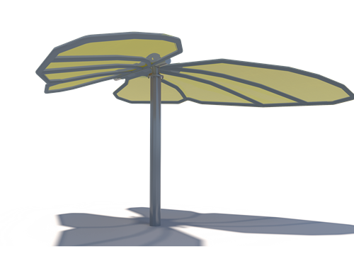 Butterfly wings shade structure with eight sunflower-yellow fabric panels in a wings-down configuration