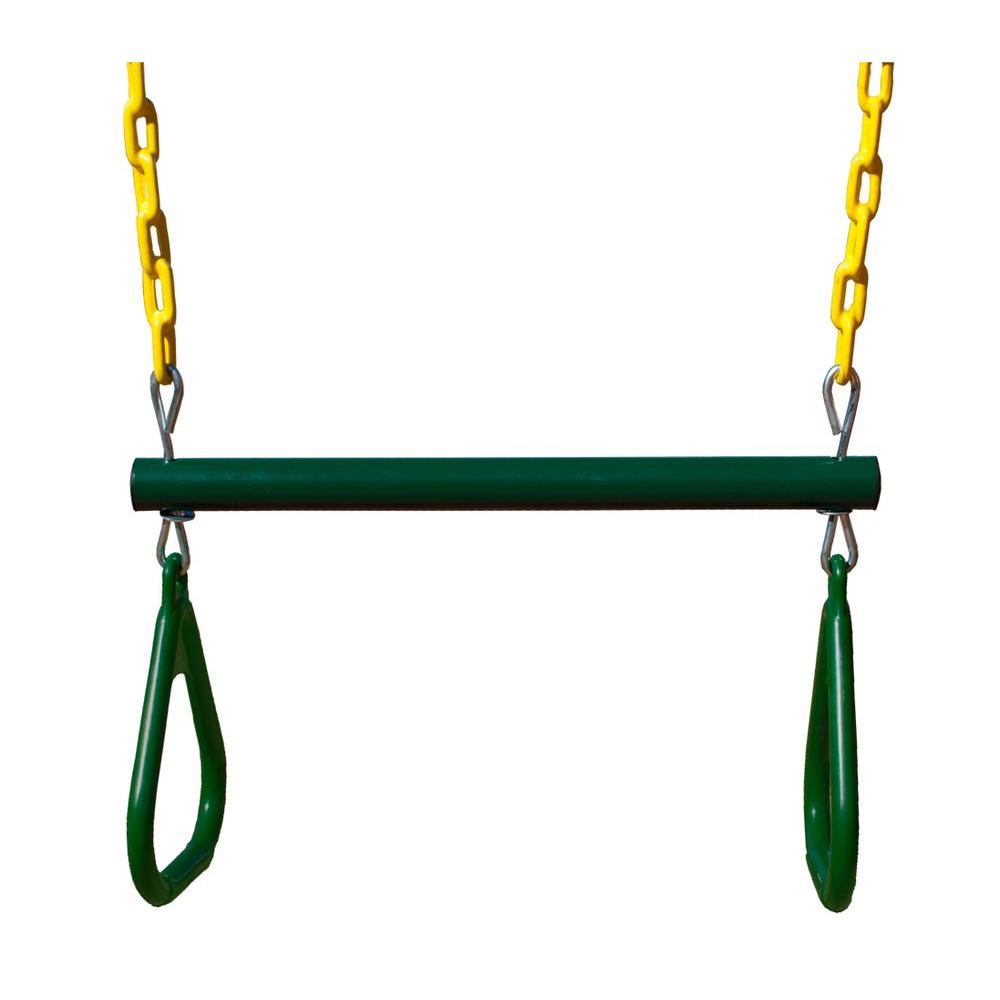 Green trapeze bar with two yellow chains and plastic triangular rings for outdoor swing set play