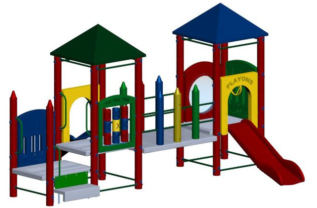 Colorful playground structure with two pyramid roofs, crayon-shaped posts, tic tac toe panel, and red slide