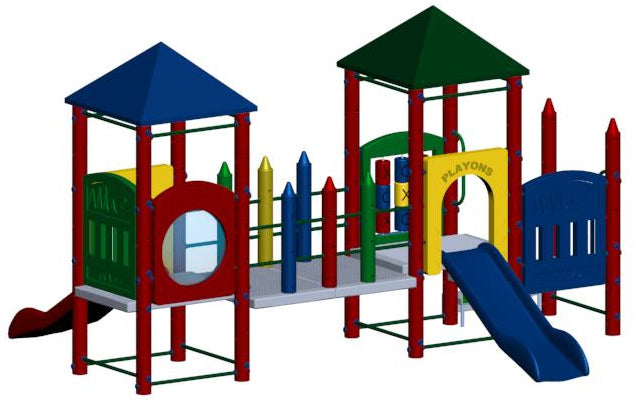 Colorful children's playground with two pyramid roofs, slides, tic tac toe panel, and crayon-shaped posts.