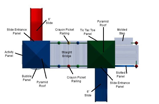 Overhead view of colorful playground with two pyramid roofs, two slides, straight bridge, tic tac toe panel, and crayon picket railings