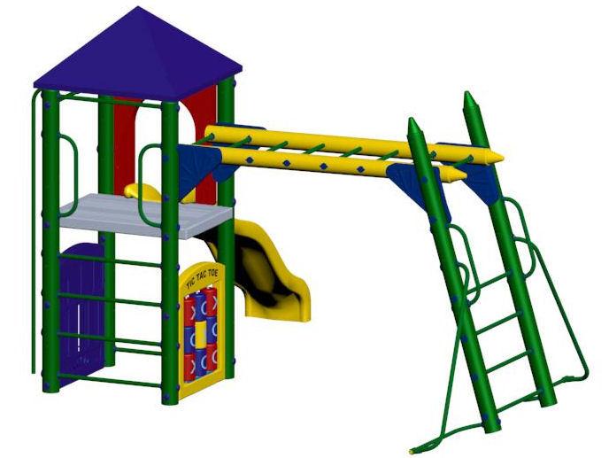Colorful playground structure with pyramid roof, tic tac toe panel, slide, monkey bars, and climbing ladder