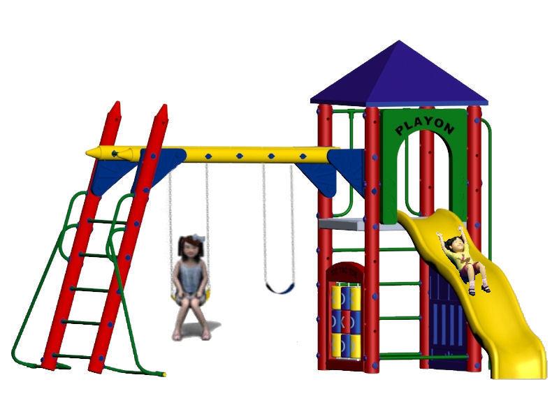 Colorful playground set with red and green climbing ladders, yellow slide, two belt swings, tic tac toe panel, and pyramid roof