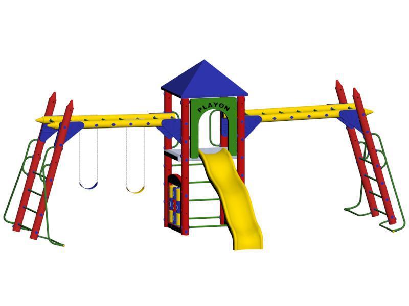 Colorful playground with yellow slide, two belt swings, climbing ladders, and blue pyramid roof on large play system