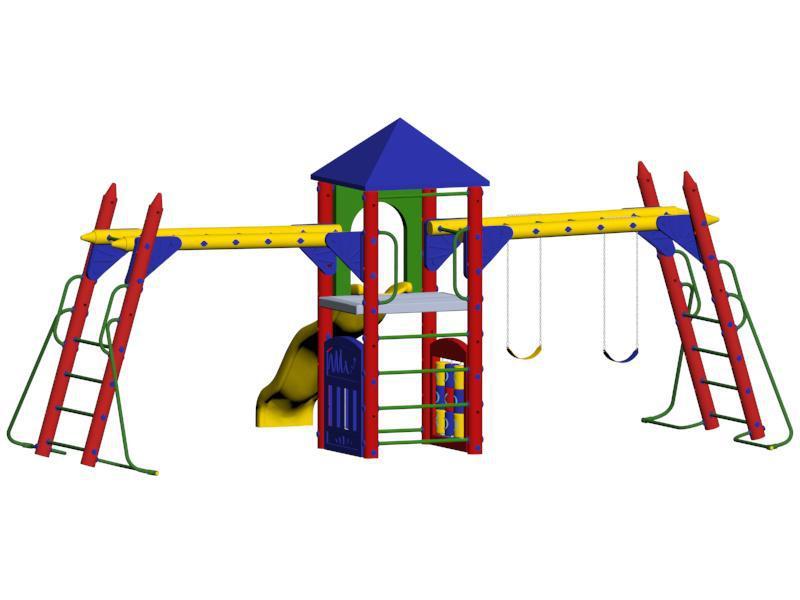 Colorful modular playground with pyramid roof, slide, swings, climbers, and activity panels for children’s outdoor play