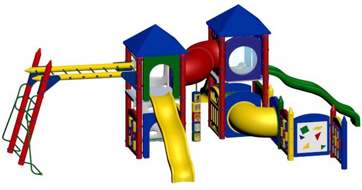 Colorful commercial-grade playground with slides, crawl tunnels, climbing structures, activity panels, and pyramid-roofed towers.