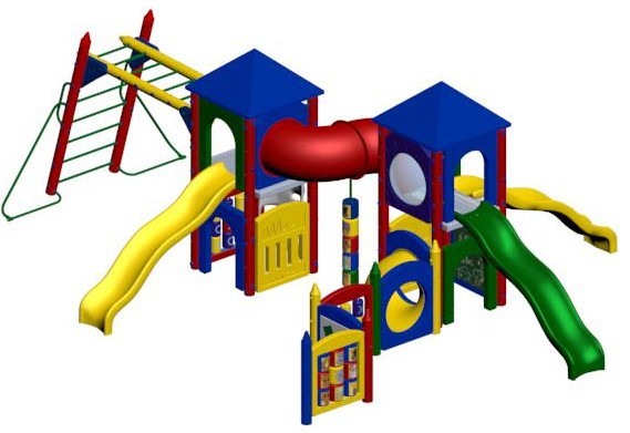 Colorful commercial playground with two blue pyramid-roofed towers, yellow and green slides, red crawl tunnel, climbing bars, and activity panels.