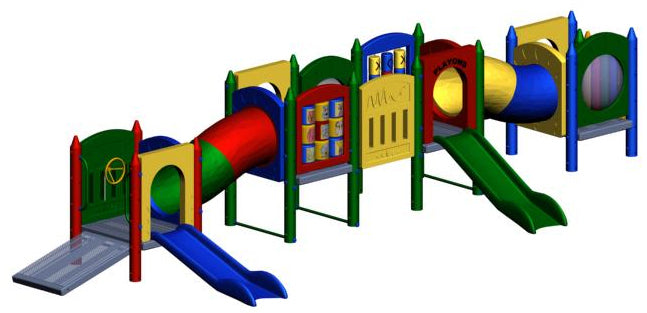 Colorful commercial-grade playground with multiple slides, tunnels, activity panels, crayon-themed towers, and accessible ramps for young children.