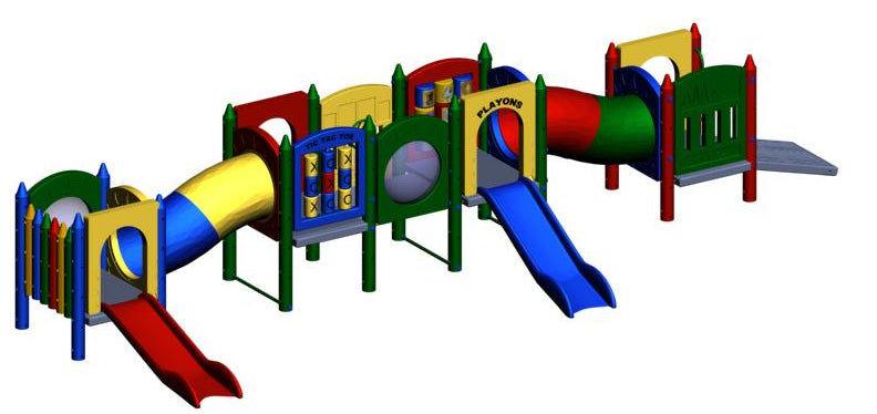 Colorful commercial-grade playground with multiple slides, tunnels, crayon-shaped towers, and interactive activity panels.