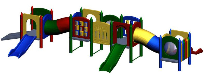 Colorful commercial-grade playground with multiple slides, crawl tunnel, activity panels, and crayon-shaped towers