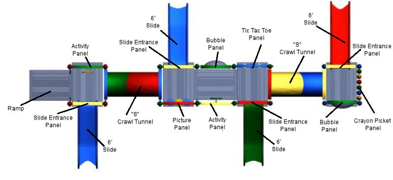 Overhead view of colorful commercial playground with multiple slides, crawl tunnel, ramps, activity and bubble panels, and tic tac toe game