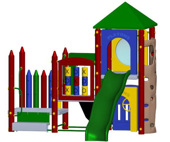 Colorful multi-level playground with pyramid roof, green slide, climbing wall, and tic-tac-toe panel