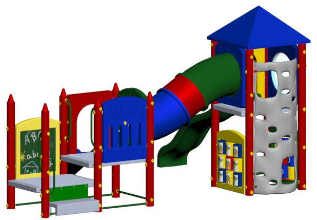 Colorful multi-level playground with climbing wall, tube slide, tic tac toe, chalkboard, and activity panels