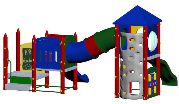 Colorful multi-level playground with slides, climbing wall, crawl tunnel, activity panels, and pyramid roof
