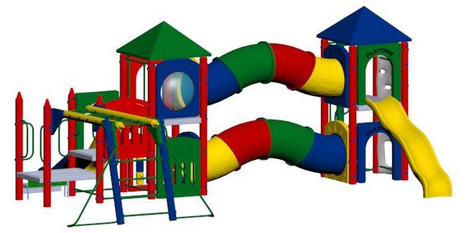 Colorful large playground with two pyramid-roof towers, spiral tube slides, climbing structures, and swings made of recycled plastic.